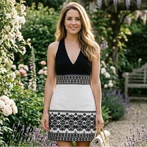 Tibi Embroidered Cotton Halter Mini Dress Black White Boho Chic Luxury Size 10